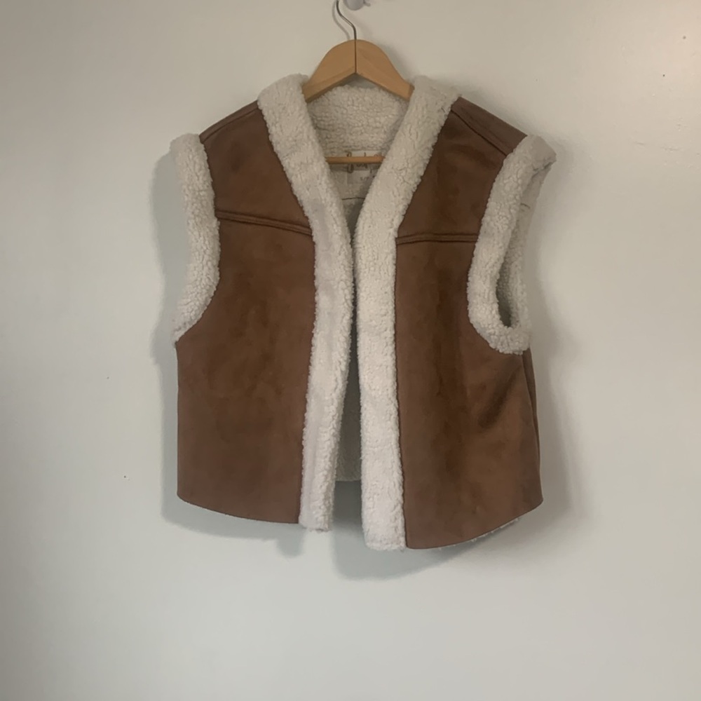 Brown and Cream Suede Shearling Suko Jeans Vest Woman S - Picture 2 of 6